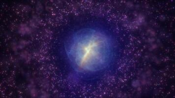 Pink and purple glowing nebula sphere with a swirling core, surrounded by particles, set in a fantasy-like cosmic atmosphere background video