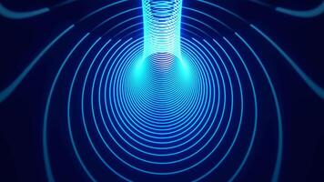 Dynamic blue neon light trails forming wave-like tunnel patterns in a dark digital space, representing motion and futuristic design video