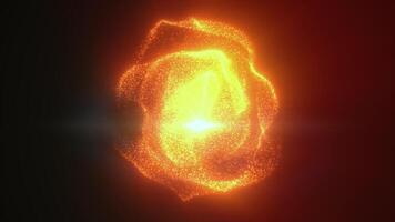 Orange particles in an abstract swirling sphere shape emitting intense light against a black background creating a fiery effect background video