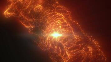 A striking abstract visual of flowing orange and red particles forming a fiery energetic pattern illuminating a dark background with warmth and intensity video
