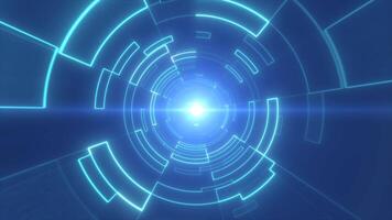 Abstract futuristic tunnel with concentric light rings and geometric patterns, central glowing light source, vibrant colors for digital and sci-fi themes background video