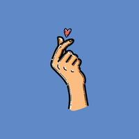 Illustration of a hand making a gesture symbolizing love, with a small heart above it against a blue backdrop. This image conveys themes of affection, emotion, and connection. vector