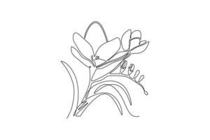 Single continuous line drawing beauty fresh freesia for home wall decor art poster print. Decorative herbaceous flower concept for floral card frame. One line draw graphic design illustration vector