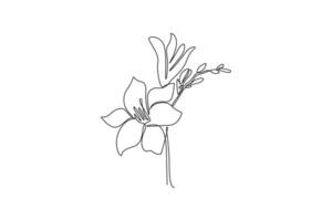 Single continuous line drawing of beauty fresh freesia for home wall decor art poster frame. Decorative herbaceous flower for wedding invitation card. One line draw graphic design illustration vector