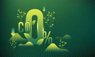 Green technology and sustainability concept with CO2 reduction, eco-friendly visuals of leaves, trees, and futuristic graphics. vector