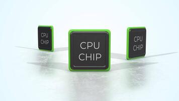CPU Chips on a Light Reflective Floor. Computer Processor Chipset 3D. 4K video