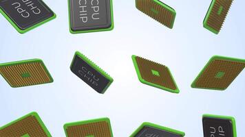 CPU Chips Falling on a Light Background. Processor Chipset 3D Animation. 4K video