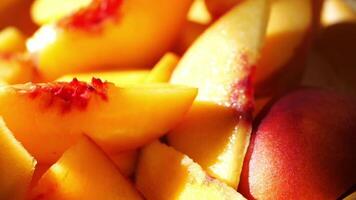 Fresh and Juicy Peach Slices Placed on a Bright and Vibrant Yellow Background Surface video