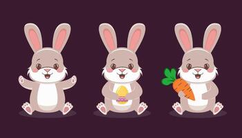 Cute cartoon rabbits with Easter egg and carrot on dark background. vector