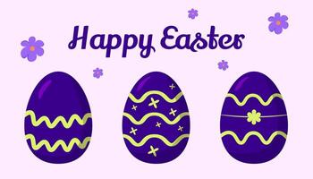 Happy Easter text with purple decorative eggs and flowers on light background. vector