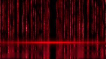 red color glowing long tail particles falling down 3d space forming water reflection on floor hi-tech design celebration background video
