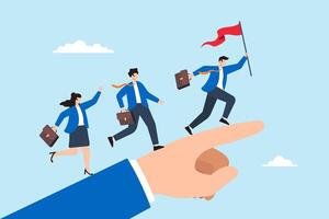 Flat illustration of businessman leader hold flag and run on hand pointing finger leading team members to success vector