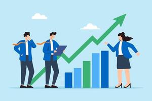 Flat illustration of business team look at rising arrow graph symbolizing business growth and sales increase vector