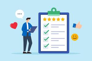 Flat illustration of man hold survey on clipboard symbolizing customer feedback collection and improvement vector