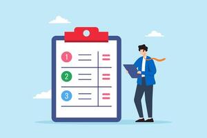 Flat illustration of project manager businessman organizing task by priority on clipboard work management planner vector
