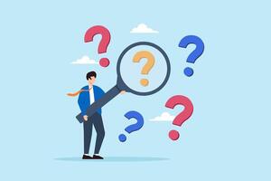 Flat illustration of businessman hold magnifying glass analyzing question mark to investigate and solve problem vector