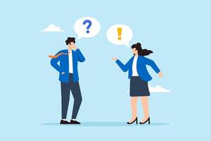 Flat illustration of businessman and businesswoman ask answer with question and exclamation mark engaging in QA session to solve workplace problem vector