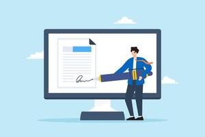 Flat illustration of businessman signing digital signature on computer completing electronic agreement vector