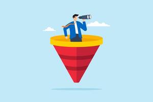 Flat illustration of businessman look through binocular at marketing funnel analyzing customer data and conversion rate vector