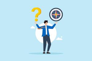 Flat illustration of businessman with question mark and compass symbolizing guidance and open ended question for solution vector
