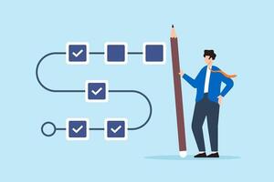 Flat illustration of project manager hold large pencil to check completed task tracking progress in project timeline vector