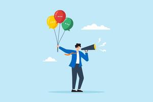 Flat illustration of businessman hold speech bubble balloon and speak on megaphone symbolizing PR and communication vector