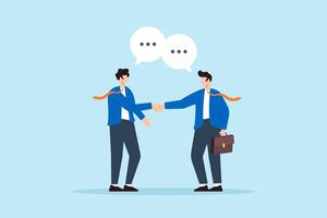 Flat illustration of businessmen shake hand with connecting speech bubble symbolizing communication and agreement vector