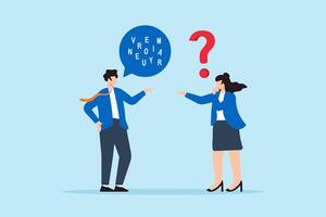 Flat illustration of businessman speak with jumbled letter in speech bubble symbolizing unclear message or confusion communication vector