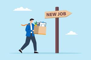 Flat illustration of businessman carrying stuff in box and moving to new job symbolizing career change and new opportunities vector