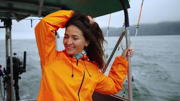 Active Rest In Nature, Boating And Yachting By Sea, Happy Woman Tourist Riding Boat In Cloudy Day video