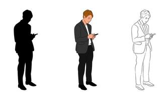 three Style Image of a businessman, silhouette, color, outline stock using a smartphone. concept He using his phone to communicate, check personal messages or surf the internet vector