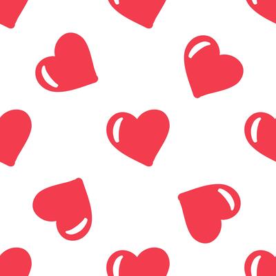 Seamless pattern with cute red hearts on white background in flat doodle style