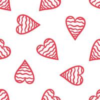Seamless pattern with red wavy hearts on white background in flat doodle style vector