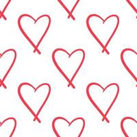 Red outlined hearts seamless design on white background in flat doodle style vector