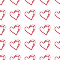Seamless pattern with red double-lined hearts on white background in doodle style vector