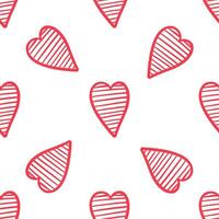 Seamless pattern with red striped hearts on white background in doodle style vector