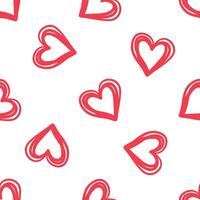Red outlined hearts seamless pattern on white background in flat doodle style vector
