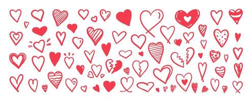 Collection of hand-drawn red heart shapes in flat doodle style vector