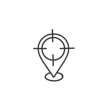 a black and white line icon of a pin pointing to a target vector