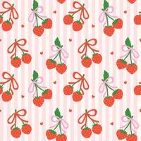 Preppy Coquette Valentine Heart Strawberry Bow Seamless Pattern isolated on stripe background vector