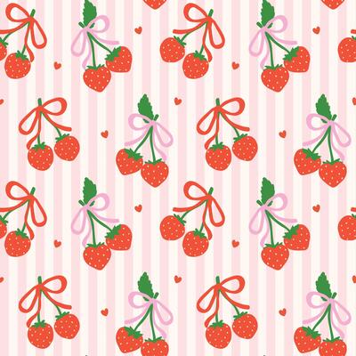 Preppy Coquette Valentine Heart Strawberry Bow Seamless Pattern isolated on stripe background
