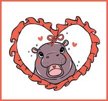 Retro Valentine Baby Pygmy Hippo in red coquette Heart Frame Hand Drawn Cartoon Character vector