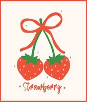 Red Retro Coquette Strawberries Heart Shape with Red ribbon bow Minimal Flat Design Vintage Aesthetic vector