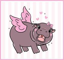 Happy Valentine Grumpy Cupid Baby Pygmy Hippo with red Heart Hand Drawn Cartoon Character vector