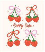 Group of Retro Coquette Strawberries Ribbon bow Berryy love Minimal Vintage Aesthetic vector
