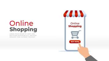 Shopping online on a smartphone with hand pointing on a white background vector