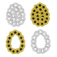 Sunflower Easter egg frame background, hand drawn floral elements for spring holiday. Black and white line art and coloring compositions set vector