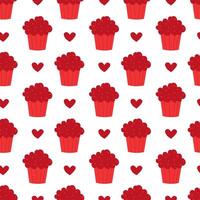 Seamless pattern with Red Valentine Day Cupcake and hearts. flat illustration. vector