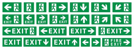 Emergency exit sign icon symbol set. Green Fire safety exit sign logo collection. Running man and exit door sign. illustration image. Isolated on white background. vector