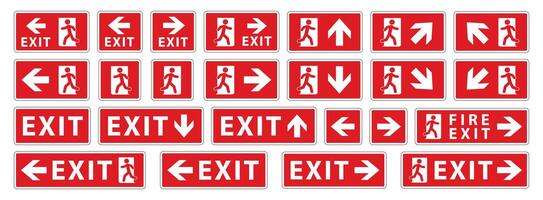 Emergency exit sign icon symbol set. Red Fire safety exit sign logo collection. Running man and exit door sign. illustration image. Isolated on white background. vector